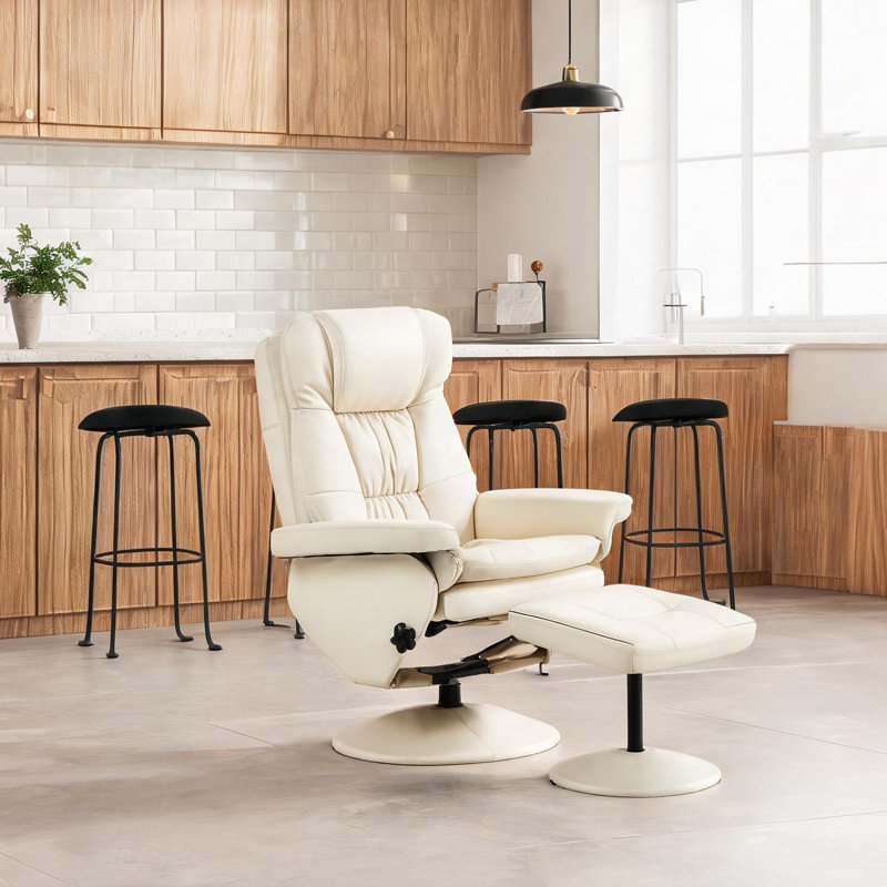 Fauteuil de bureau inclinable avec repose-pieds : similicuir blanc classique, structure en acier, inclinaison à 135 degrés
