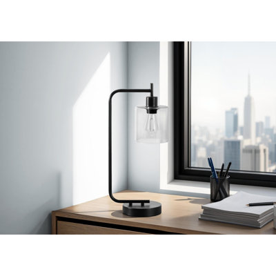Éclairage, 20 po, lampe de table, port USB inclus, métal noir, abat-jour en verre, moderne