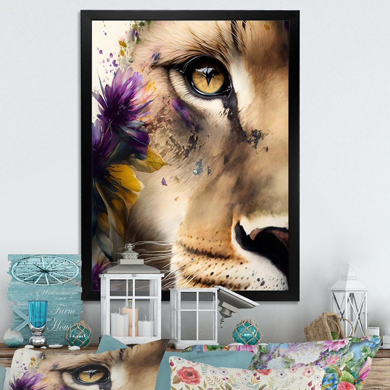 Demi-lion avec fleurs - reproduction sur toile, H 32 po x l 16 po x P 1 po, Impression noire sur toile encadrée