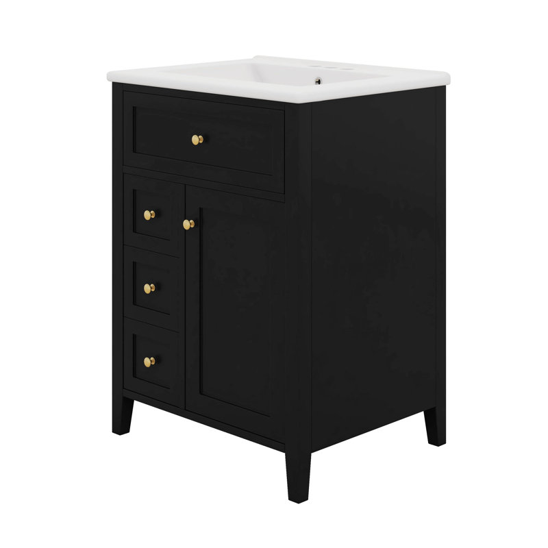 Meuble-lavabo 24 po avec lavabo, meuble-lavabo en bois massif avec tiroirs et tablettes réglables, petit meuble-lavabo, Noir