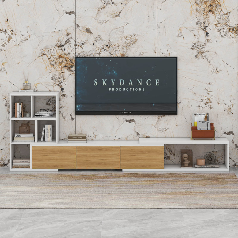 Meuble télé extensible avec bibliothèques à 3 niveaux, armoires de rangement, console multimédia de table coulissante, Blanc