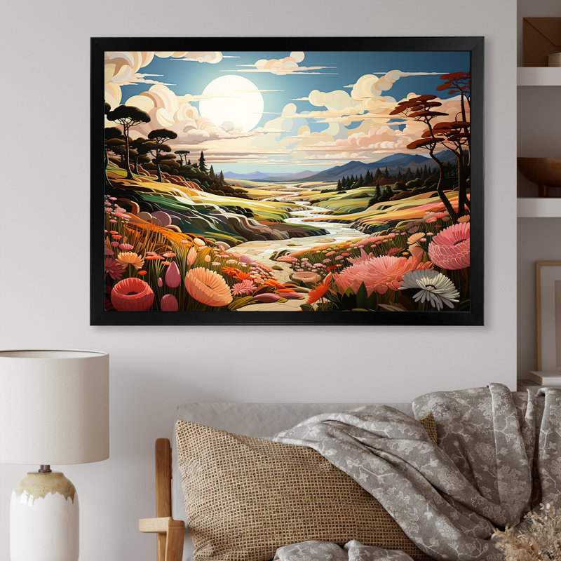 Paysage de rivière cubique, Cadre simple noir, H 34 po x l 44 po x P 1,5 po