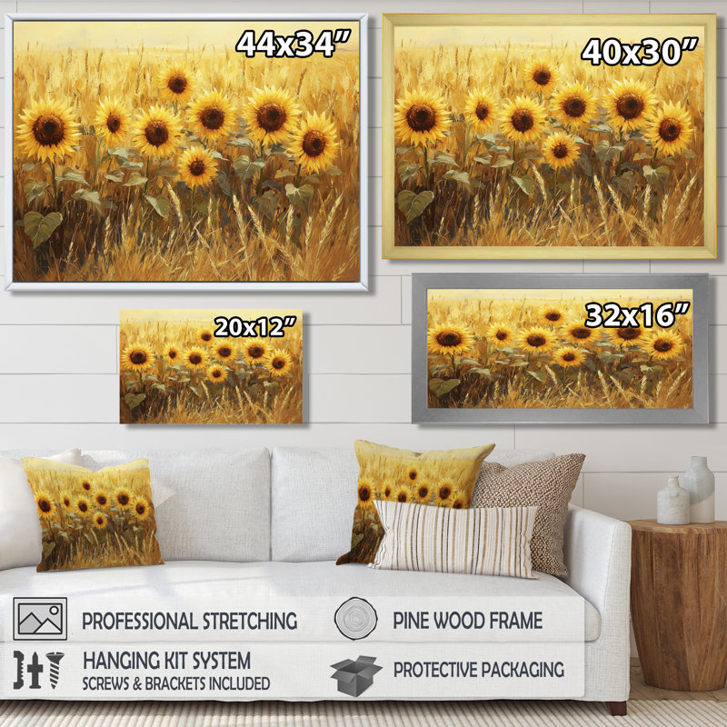 Dreshan, grange, tournesols dans le champ de blé I - tournesols, art mural, Reproduction encadrée d'une seule photo, Doré
