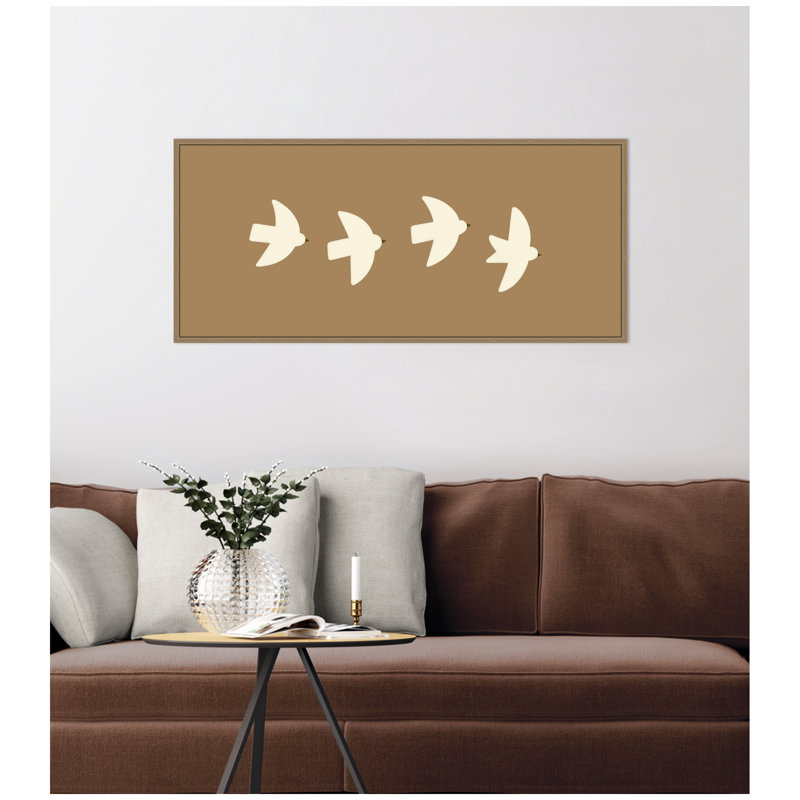 «Minimalist Birds Panel 2 Brown» par Laura Moss, reproduction d'art sur toile encadrée, H 18 po x l 40 po, Or foncé Sylvie