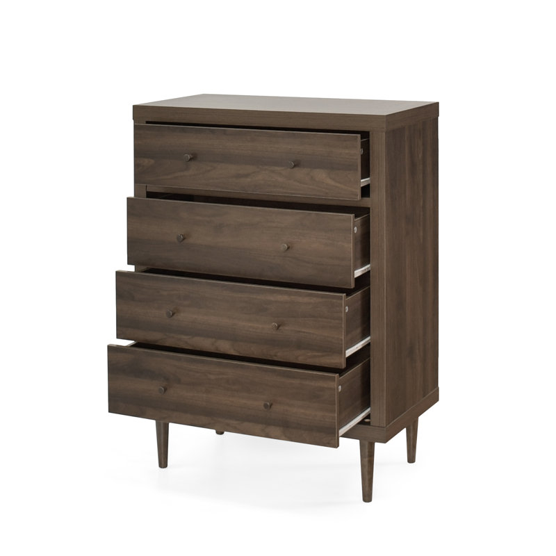 Commode à 4 tiroirs Nordic en finition noyer - Commode de rangement moderne en bois aggloméré de style Mid-Century avec pieds fuselés