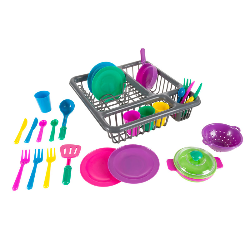 Hey! Play! Kitchen Set for Kids - 27-Piece Plastic Dish Drainer and Tableware Settings for Pretend Food - Toys for Boys and Girls