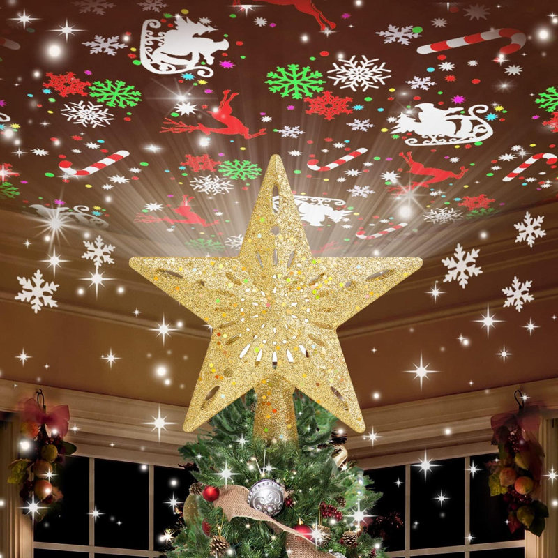 Décoration pour sommet de sapin de Noël éclairée avec 6 modes de projection, décoration pour sommet de sapin étoile de Noël avec lumières DEL tournantes, projection dynamique de paillettes dorées pour décoration de fêtes de Noël