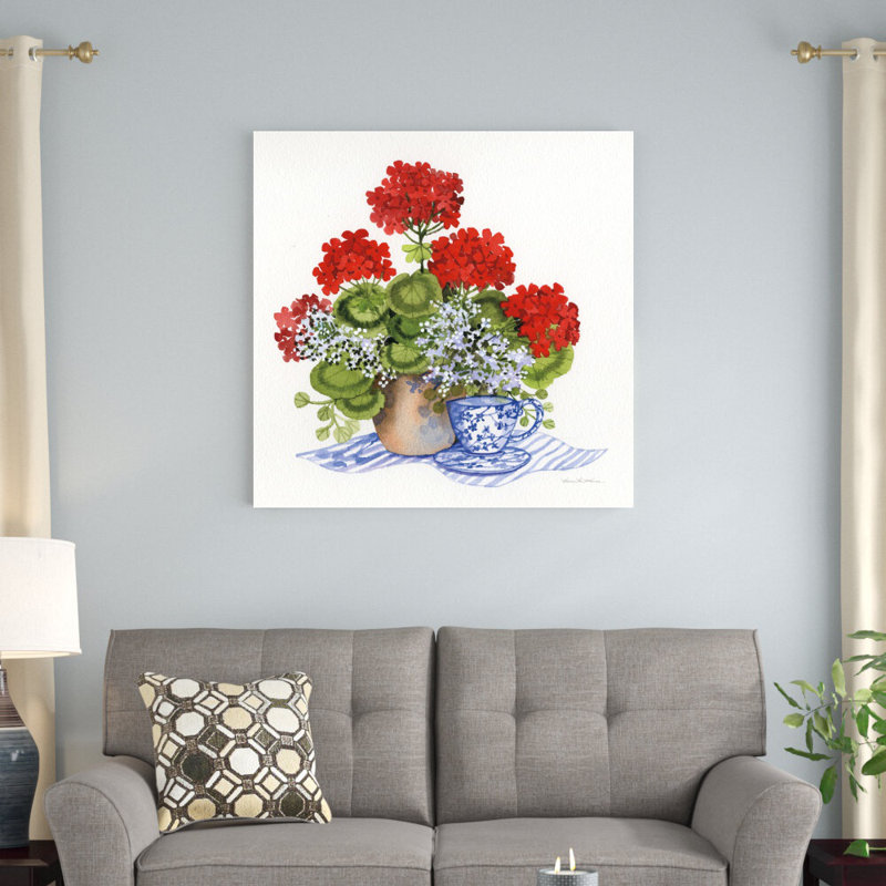 «Geranium Tea I» par Kathleen Parr McKenna, reproduction d'art sur toile tendue, H 36 po x l 36 po