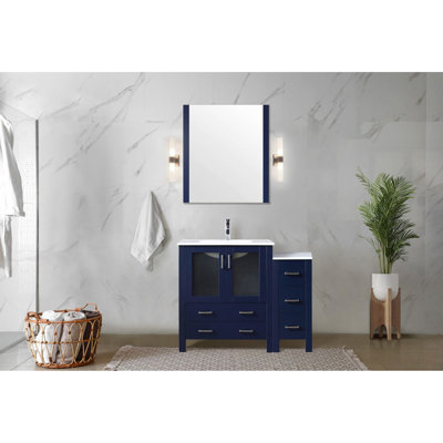 Navy Blue 42 In. Wide Bath Vanity With Side Storage, Faucet, White Ceramic Countertop And 28 Wall - Mounted Decorative Full Size Mirror Bathroom Cabinet, Stainless Faucet , Standing Long
