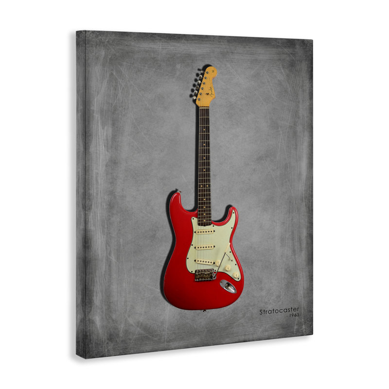 Guitare rouge classique sur toile grise, design par Mark Rogan, H 20 po x l 16 po