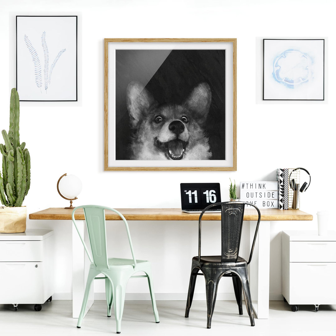 Gerahmtes Poster Illustration Dog Corgi in Schwarz/Weiß