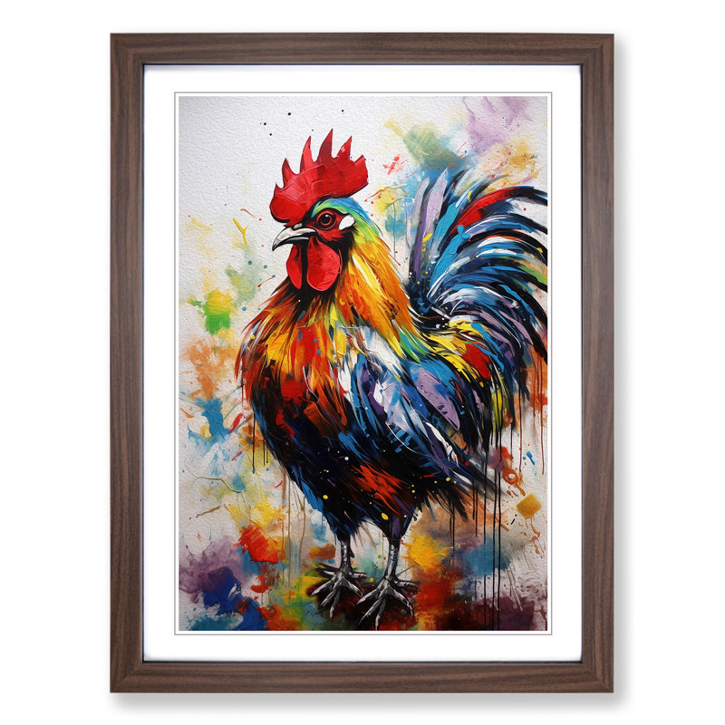 Rooster Gestural No.2 - Single Picture Frame Print on Wood, 64cm H x 46cm W x 2cm D, Walnut