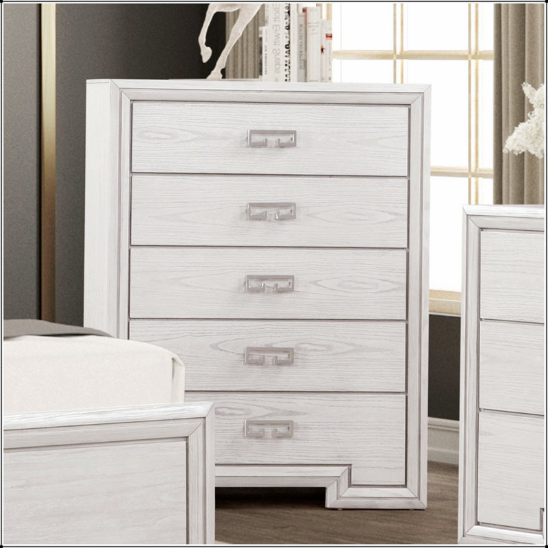 Commode 1Pc de style transitionnel avec glissières à roulement à billes, tiroirs à queue d'aronde anglaise et poignées en métal pour mobilier de chambre blanc rustique