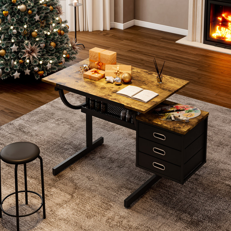 Bureau à dessin noir avec plateau extensible et boîte de rangement pour fournitures de bricolage en métal thermolaqué
