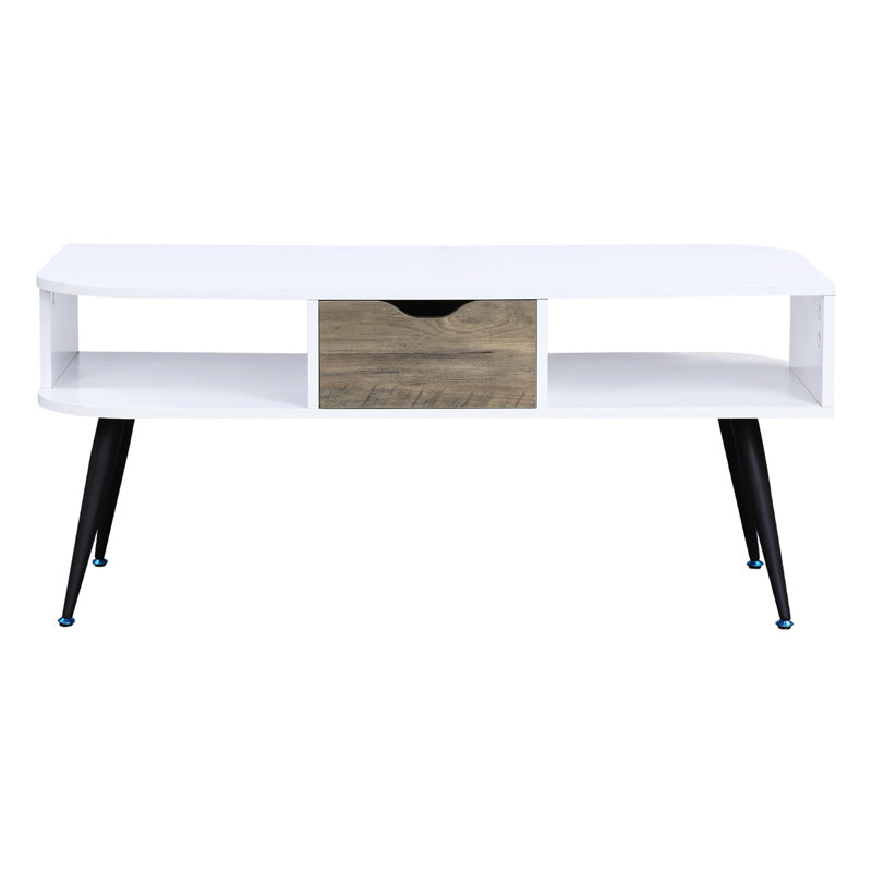 Rectangular Coffee Table, Storage Drawer, White And Black, Veneer, Metal Legs Edge, Tube