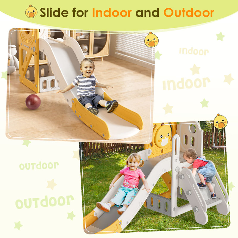 Yellow Duck Theme 5-in-1 Toddler Slide with Basketball Hoop