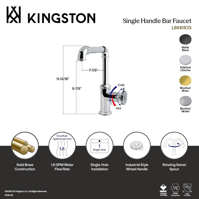 Kingston Brass Fuller One-Handle 1-Hole Deck Mount Bar Faucet, Brushed Brass