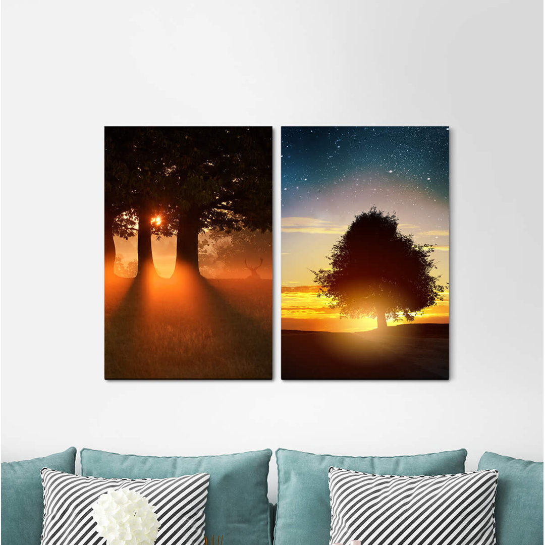 2-tlg. Leinwandbilder-Set - Grafikdruck „Lonely Tree Forest Deer Summer Night Stars Oak Sunset”