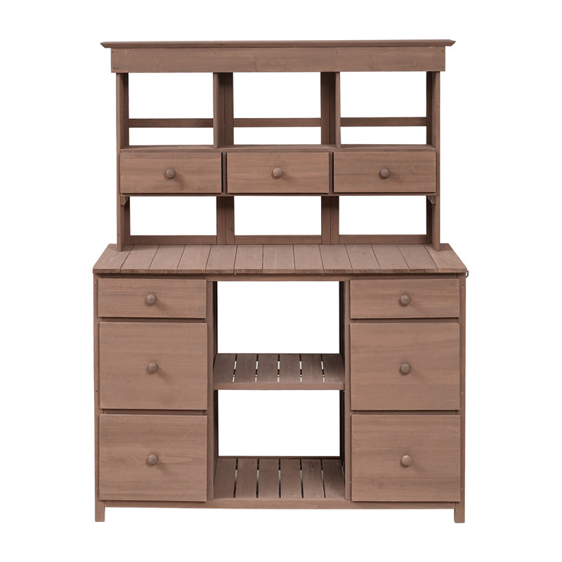 Table de jardin en pot, design rustique et élégant avec plusieurs tiroirs et tablettes pour le rangement, Brun