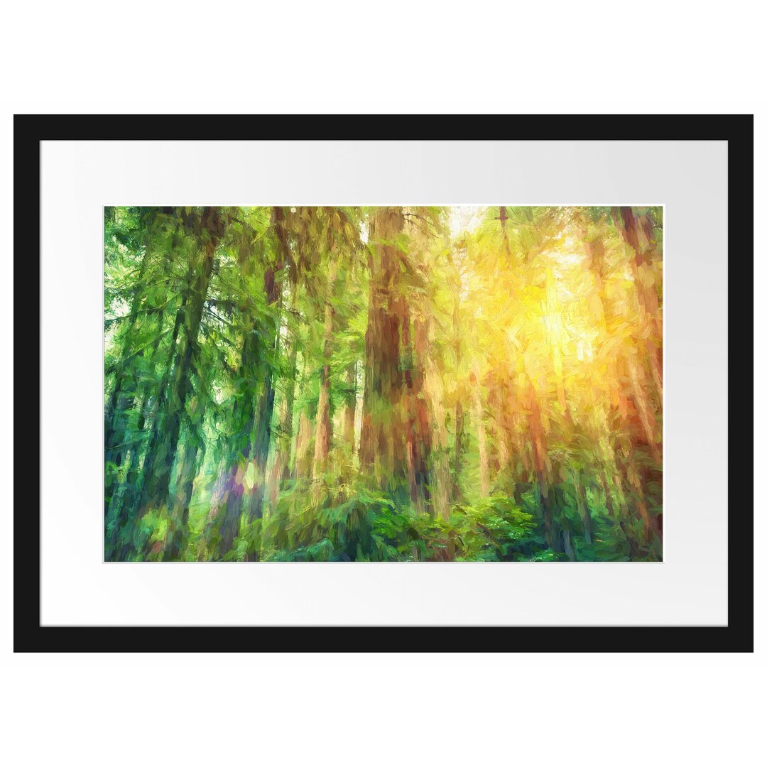 Gerahmtes Papierbild Wald bei Sonnenlicht