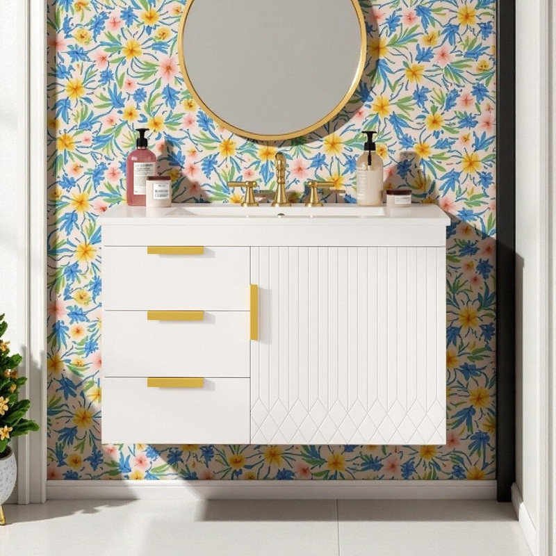 Ensemble de meuble-lavabo mural 30 po avec lavabo en céramique et porte de tiroir, Blanc