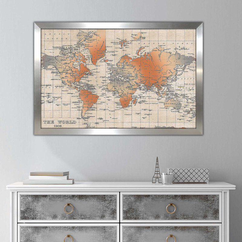 Carte du monde par Elizabeth Medley - impression, Encadrement argenté, H 21,5 po x l 27,5 po x P 0,75 po
