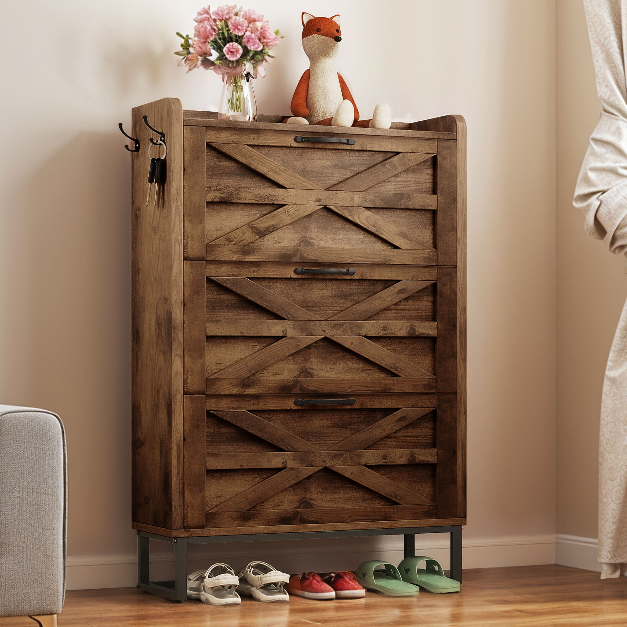 Side Way Shoe Rack One Allium Way 24 Pair Shoe Storage Cabinet with Side Hooks - Wayfair ...