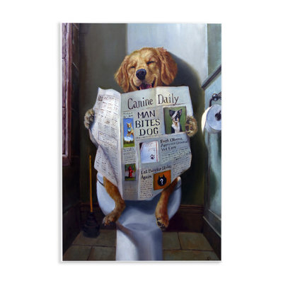 Dog Reading the Newspaper On Toilet Funny Painting Wall Plaque Art by Lucia Heffernan