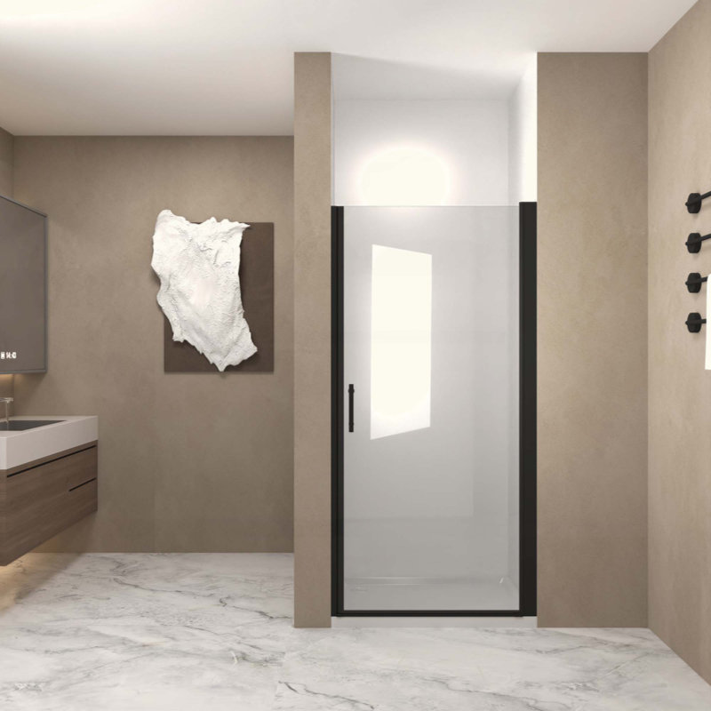 Pivot Shower Door, Aluminum Frame, Half Frame ,1/4"(6Mm) Tempered Glass Explosion Proof Film, Matte Black