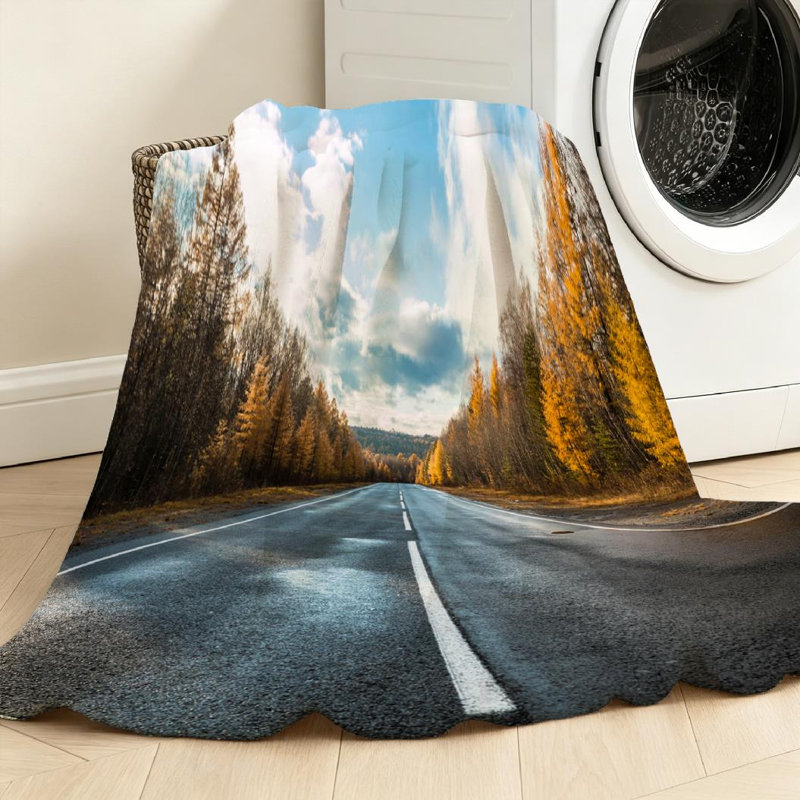 Jeté en molleton jaune ultra doux, imprimé route unie en automne, Throw 50" x 60"