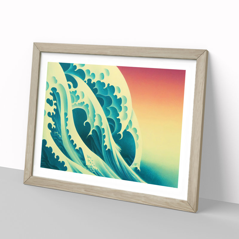 Japanese Wave Sunset - Single Picture Frame Print, 46cm H x 64cm W x 2cm D, Oak