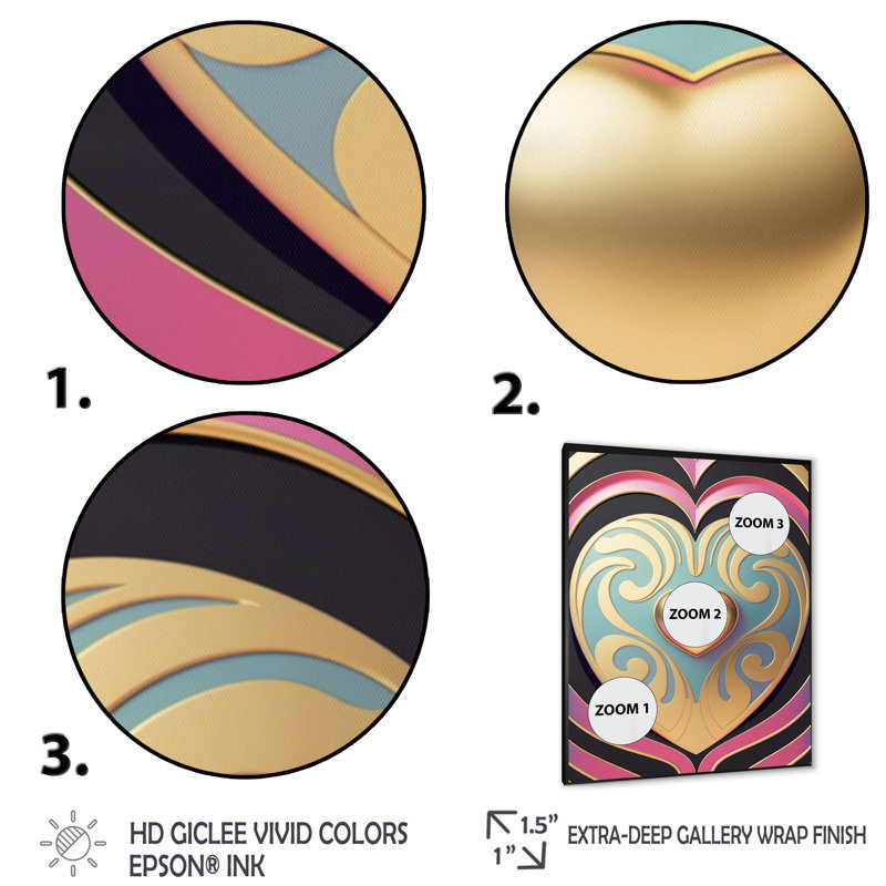 «Shining Contemporary Gold Heart V», reproduction sur toile, Impression noire sur toile encadrée, H 44 po x l 34 po x P 1 po