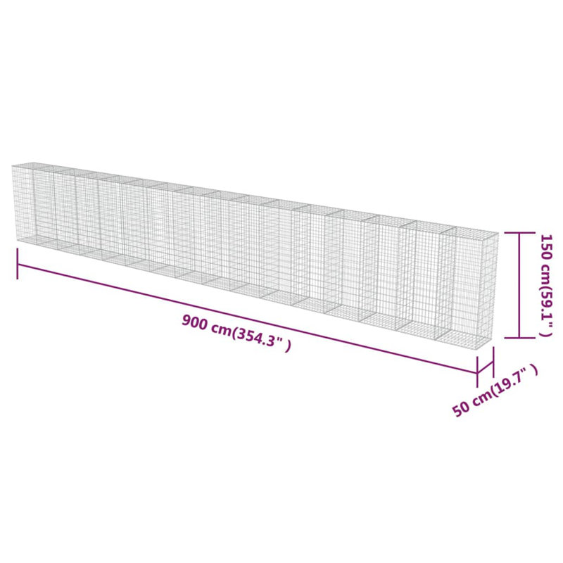 150cm H x 354.33cm W Silver Metal Gabion Wall