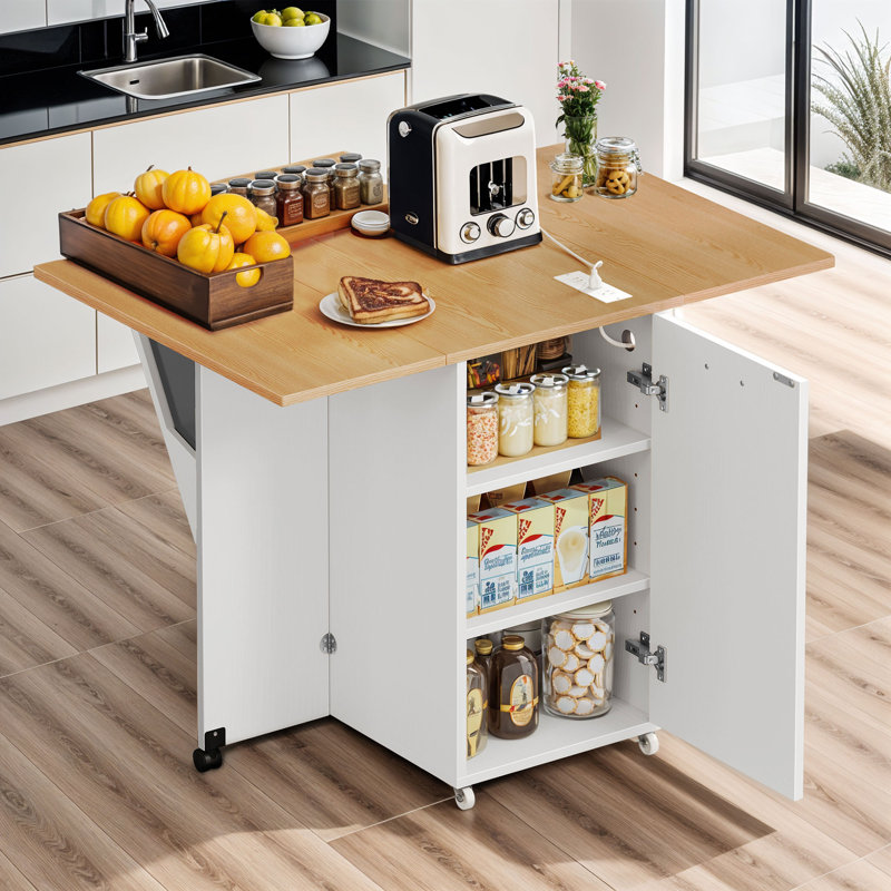 Foldablea and Drop Leaf Kitchen Island with Trash Can Storage (Trash bin not included)