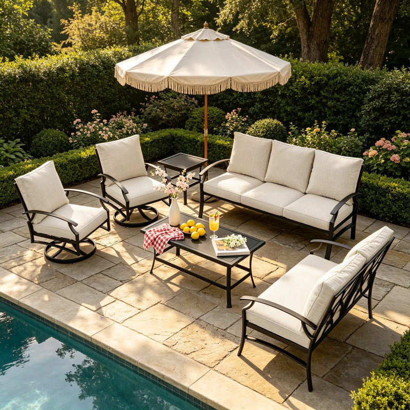 Ensemble de patio d'extérieur en métal 7 personnes avec deux tables et coussins Nickita, Beige