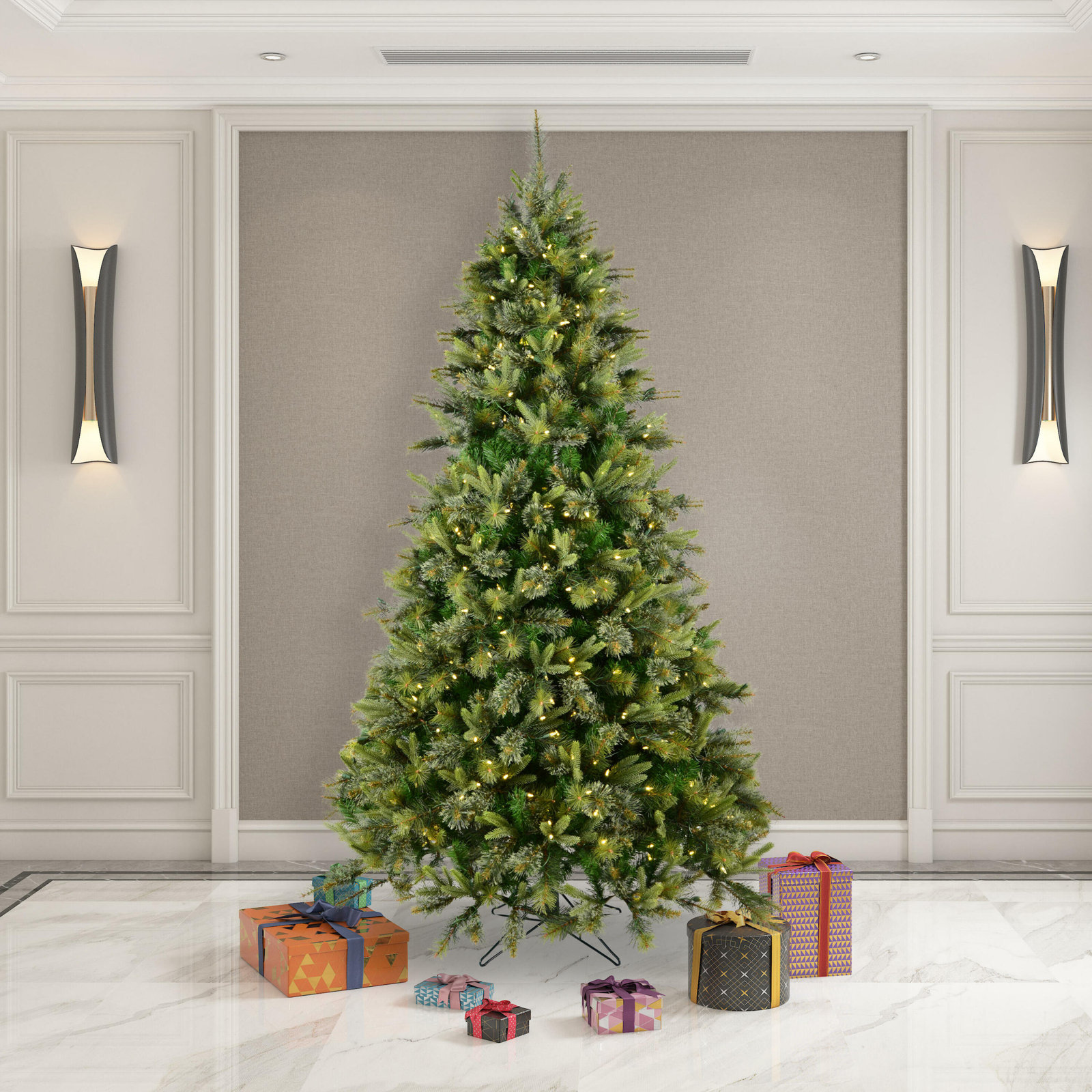 Kanhaya Flocked 12' Pre-Lit Pine Christmas Tree, 8.5' H