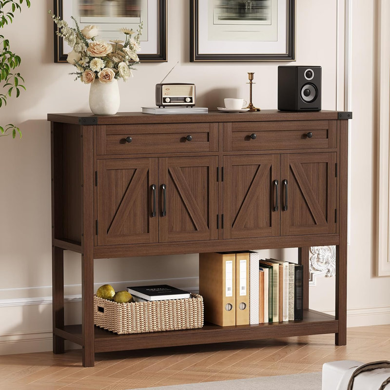 47 Inch Farmhouse Buffet Sideboard Cabinet with 4 Barn Doors and Open Shelf, Wood Storage Console Table, Brown