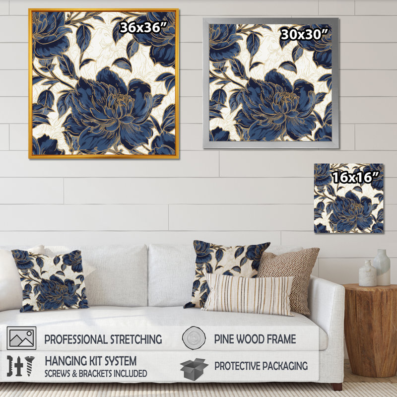 Art mural pivoines bleues et or IV, Cadre simple noir, H 16 po x l 16 po x P 1 po