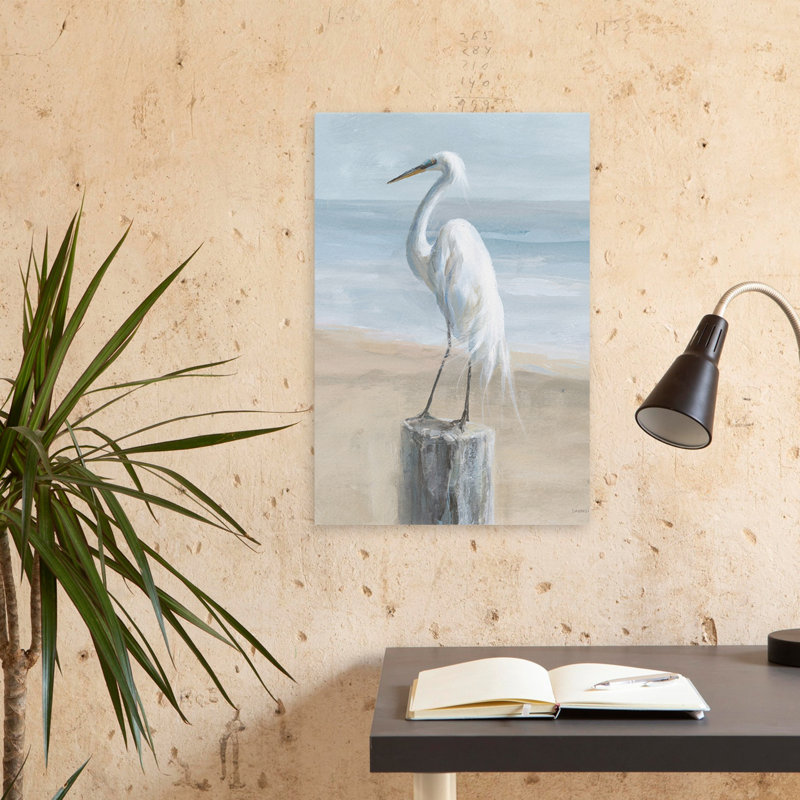 Aigrette côtière et plage par la mer, H 24 po x l 16 po
