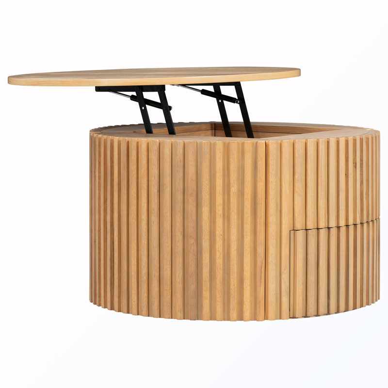 Table basse ronde à plateau relevable avec rangement dissimulé, Light Brown