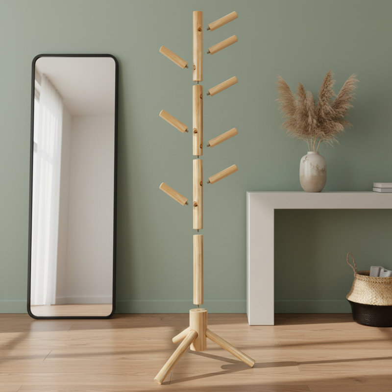 Natural-Colored New Zealand Pine Wood Coat Rack With 8 Hooks (3 Height-Adjustable). Easy To Assemble, It Accommodates Coats, Hats, Scarves And Handbags, Ideal For Entryways, Hallways, Bedrooms, Offices And Other Places.