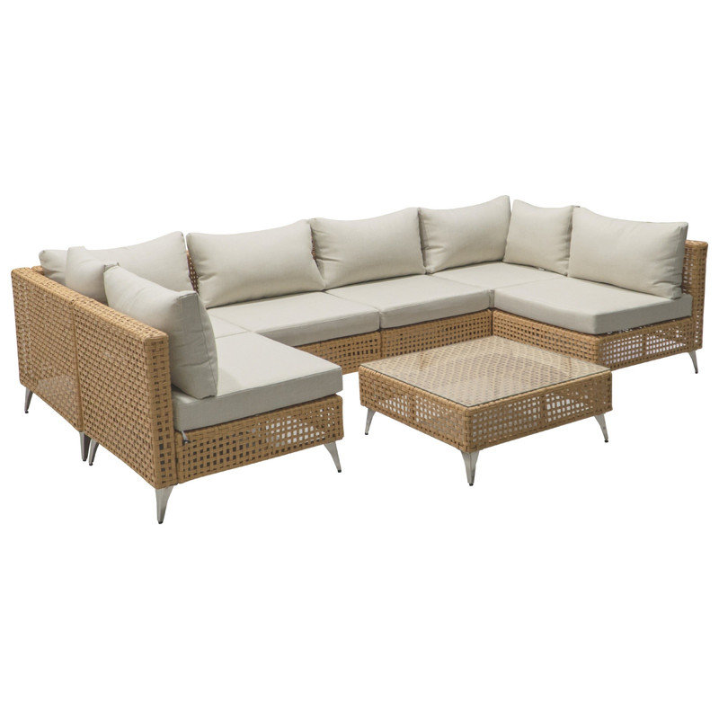 Ensemble de conversation de 7 pièces en osier avec coussins beiges épais, ensemble de conversation modulaire pour l'extérieur comprenant une table basse pour la cour ou le jardin
