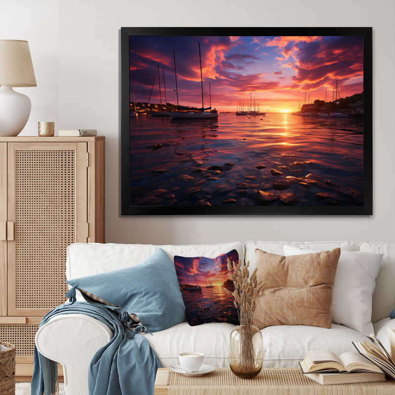 Huya, Allemagne, coucher de soleil, port II - impression, Cadre simple noir, H 34 po x l 44 po x P 1,5 po
