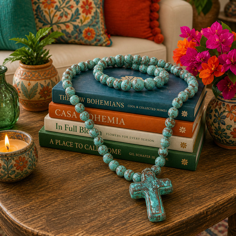 Natural, Hand Fired Clay Rosary With Cross, 40" H x 4.5" W x 1.5" D, Teal