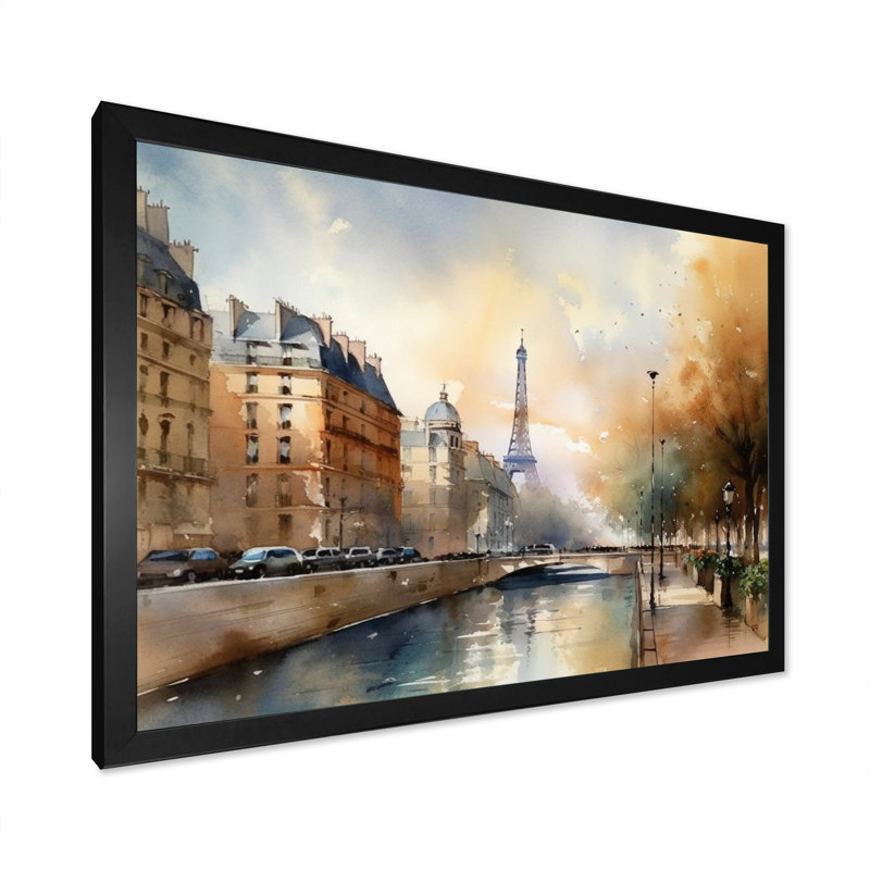 «Beautiful Pastel Paris Scenery», art mural sur toile Paris, Cadre noir, H 34 po x l 44 po x P 1,5 po