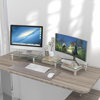 Dual Monitor Stand -Adjustable Length And Angle Dual Monitor Riser, Desktop Organizer