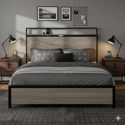 Base de lit grand. Un lit plateforme en bois avec une tête de lit avec lumières DEL et 2 ports USB. Fonctionne silencieusement, ne nécessite pas de matelas à ressorts et est livré avec des outils d'assemblage simples. Offre un grand espace de rangement sous le lit. Finition antiq