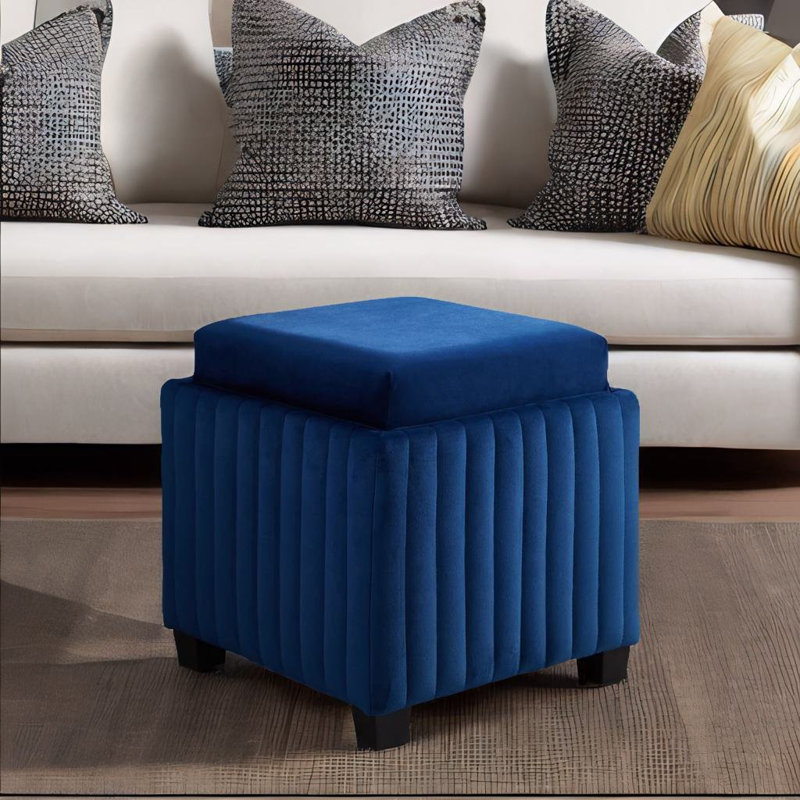 Tiege Upholstered Ottoman, Navy Blue Fabric