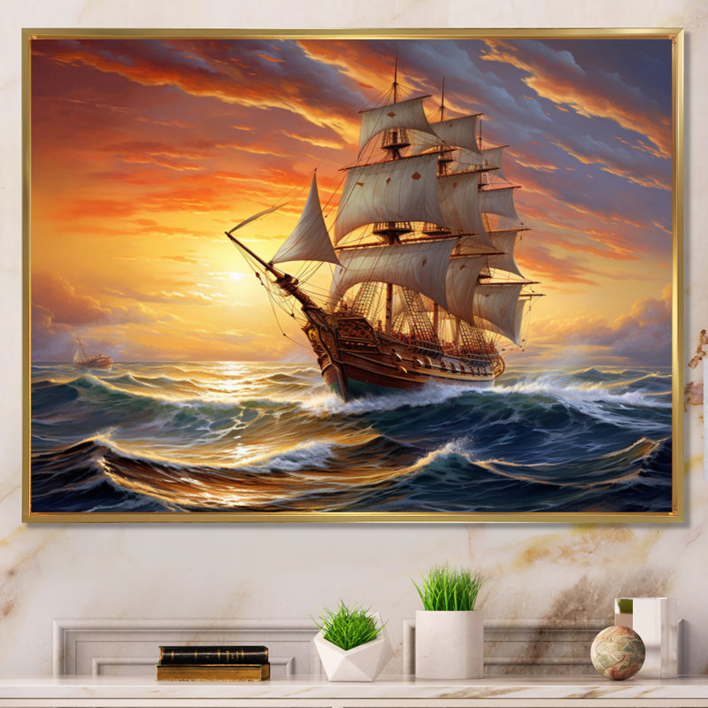 Boat Majestic Mariners I - Bateau, art mural, Cadre flottant doré, H 30 po x l 40 po x P 1,5 po