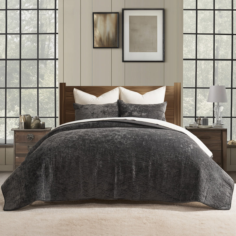 Striped Channel Velvet Quilt Set, Washed Black, Queen